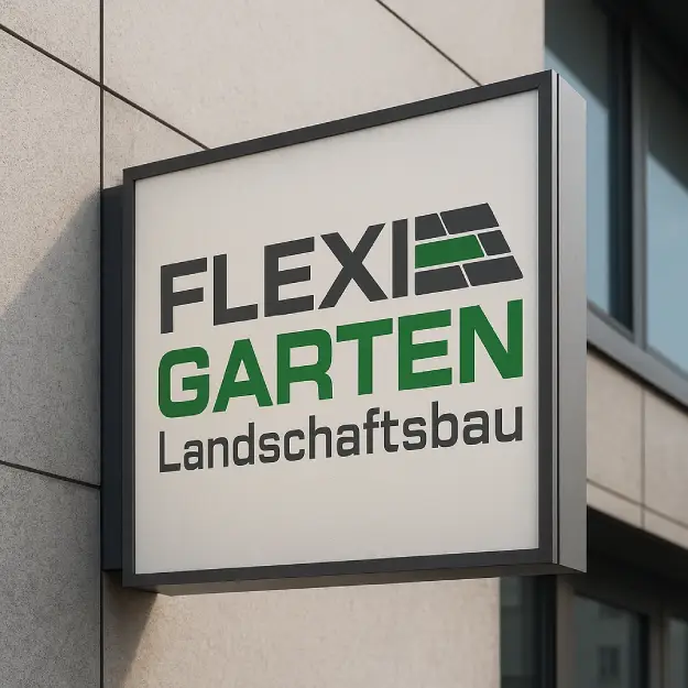 Leuchtreklame mit dem Flexi Garten Landschaftsbau Logo an einer modernen Gebäudefassade.